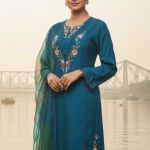 Teal blue embroidered kurta and pant set with a printed dupatta.