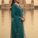 Teal blue embroidered kurta set with trousers and a dupatta.