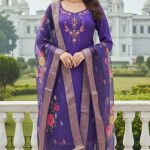 purple embroidered kurta set with trousers and a floral dupatta.