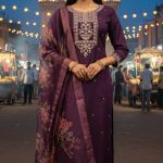 purple Chanderi kurta set with a floral dupatta and trousers