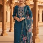 Teal blue Chanderi kurta set with a floral dupatta and trousers