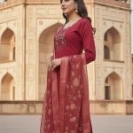 maroon Indian ethnic wear kurta, pant, and dupatta set.