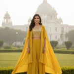 Yellow Georgette Top & Sharara Set with Cape with Sequined Print Outfit for Women