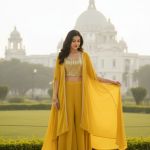 Yellow Georgette Top & Sharara Set with Cape with Sequined Print Outfit for Women