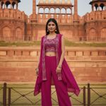 Pink Georgette Embroidered Top With Pant & Cape Set